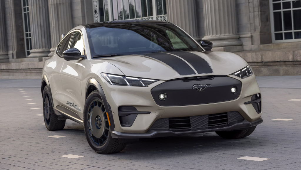 Tan 2025 Ford Mustang Mach-e with racing stripes