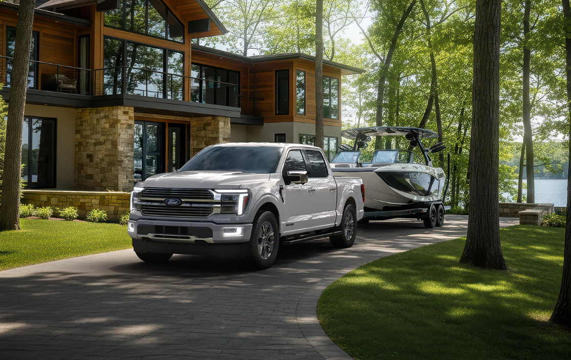 White 2026 Ford F-150 towing boat
